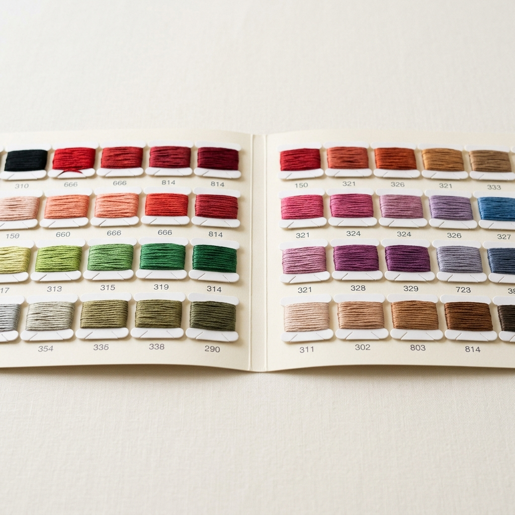 DMC color reference card open showing rows of thread samples with numbers on clean white surface
