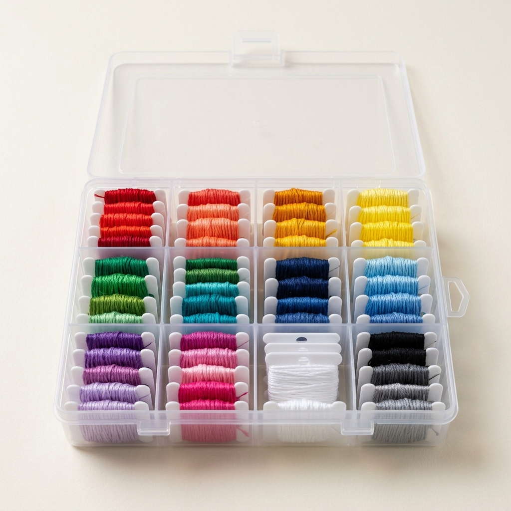 Plastic DMC floss bobbins wound with colorful thread organized in open divided storage box on cream background