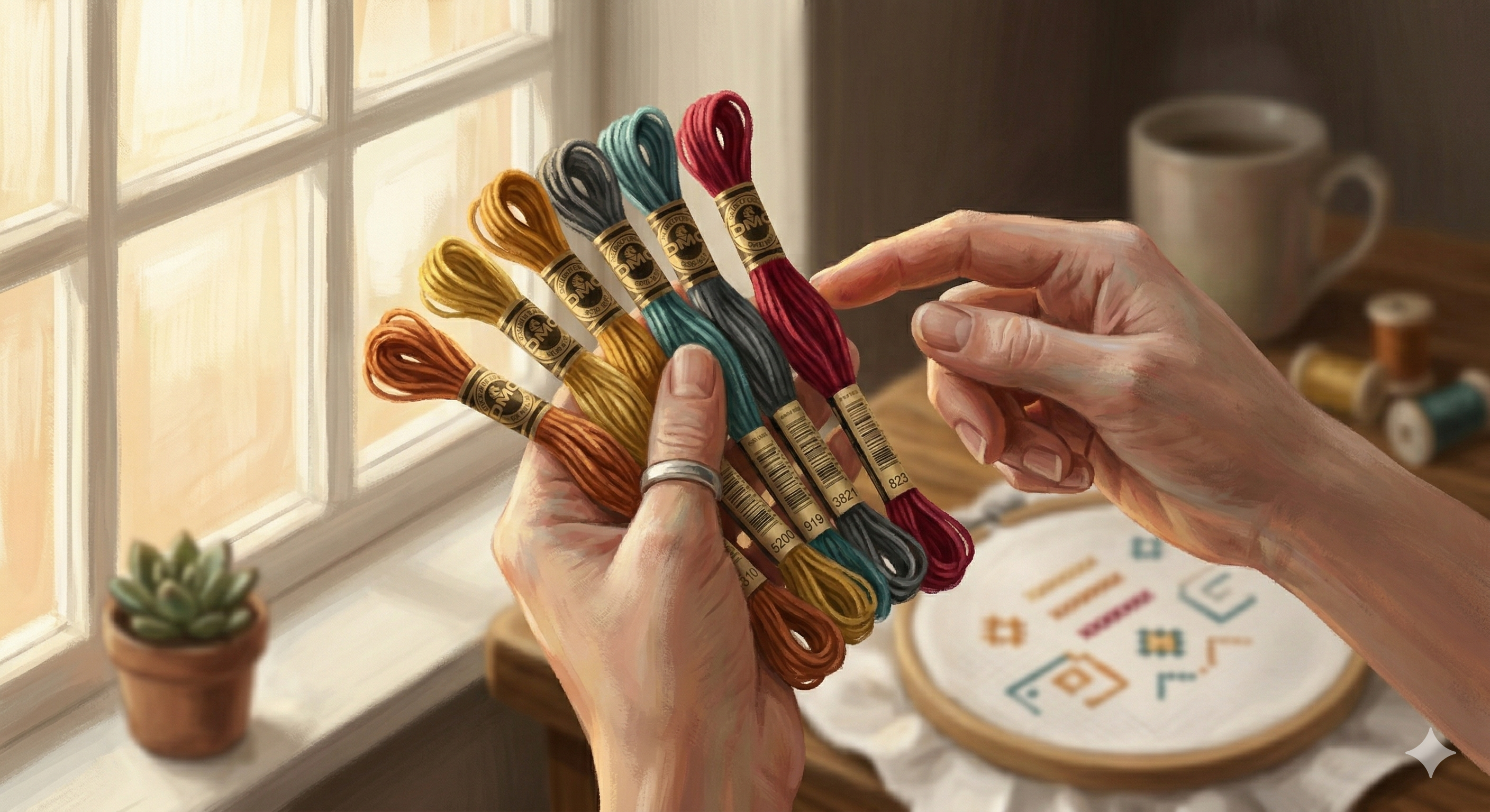 Stitcher holding DMC floss skeins up to natural window light to compare colors for a cross stitch project substitution