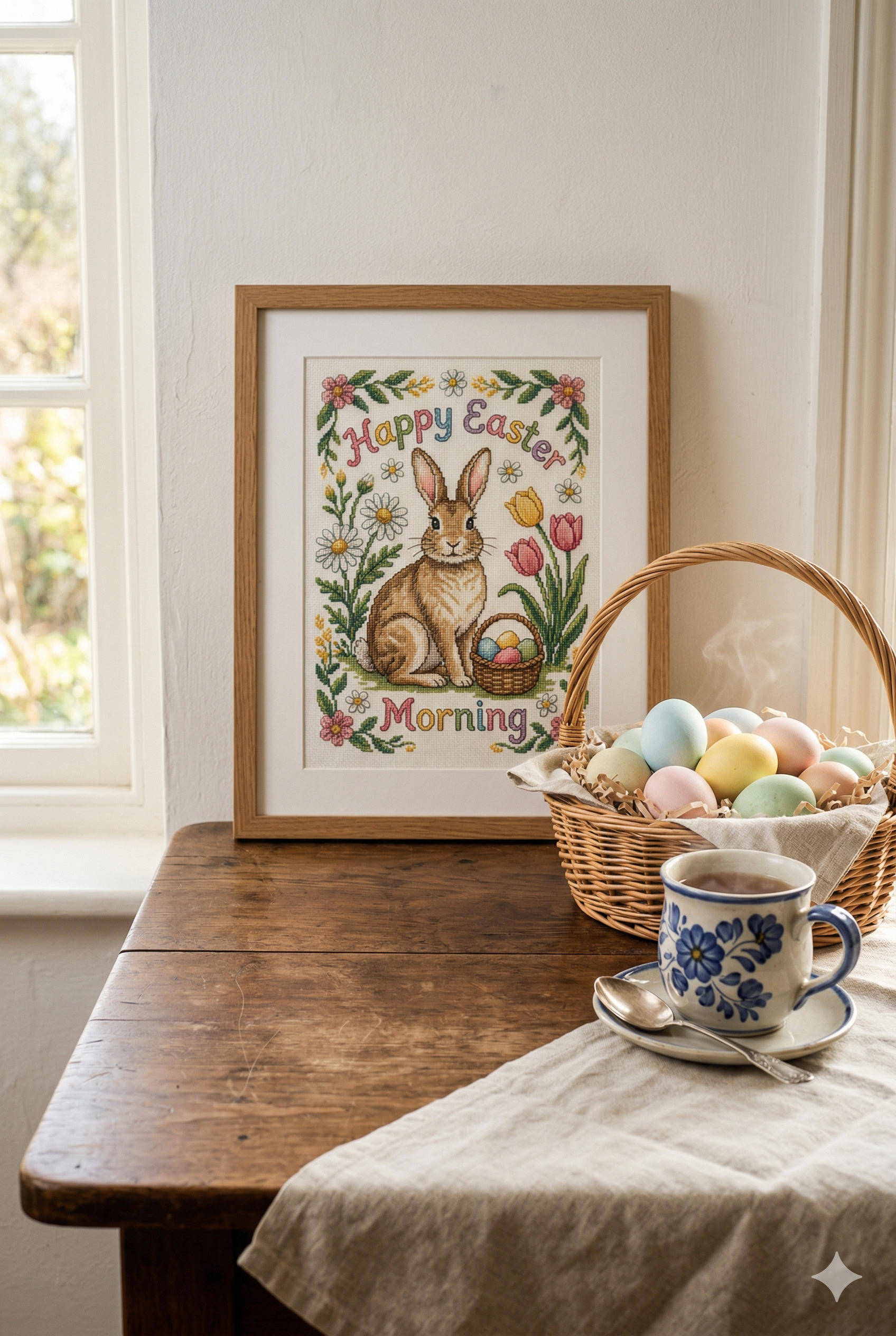 Framed Easter cross stitch wall art stitched on 18-count Aida cloth, featuring the Easter Jubilee and Bunny in a Victorian Garden patterns from Sunrays Creations &mdash; seasonal designs that become cherished family heirlooms.