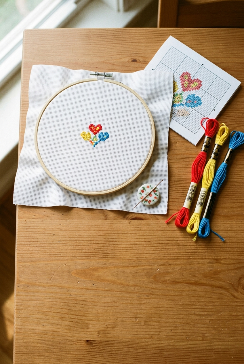 Beginner cross stitch setup with 14-count Aida hoop, printed pattern chart, and bright DMC floss skeins on wooden table
