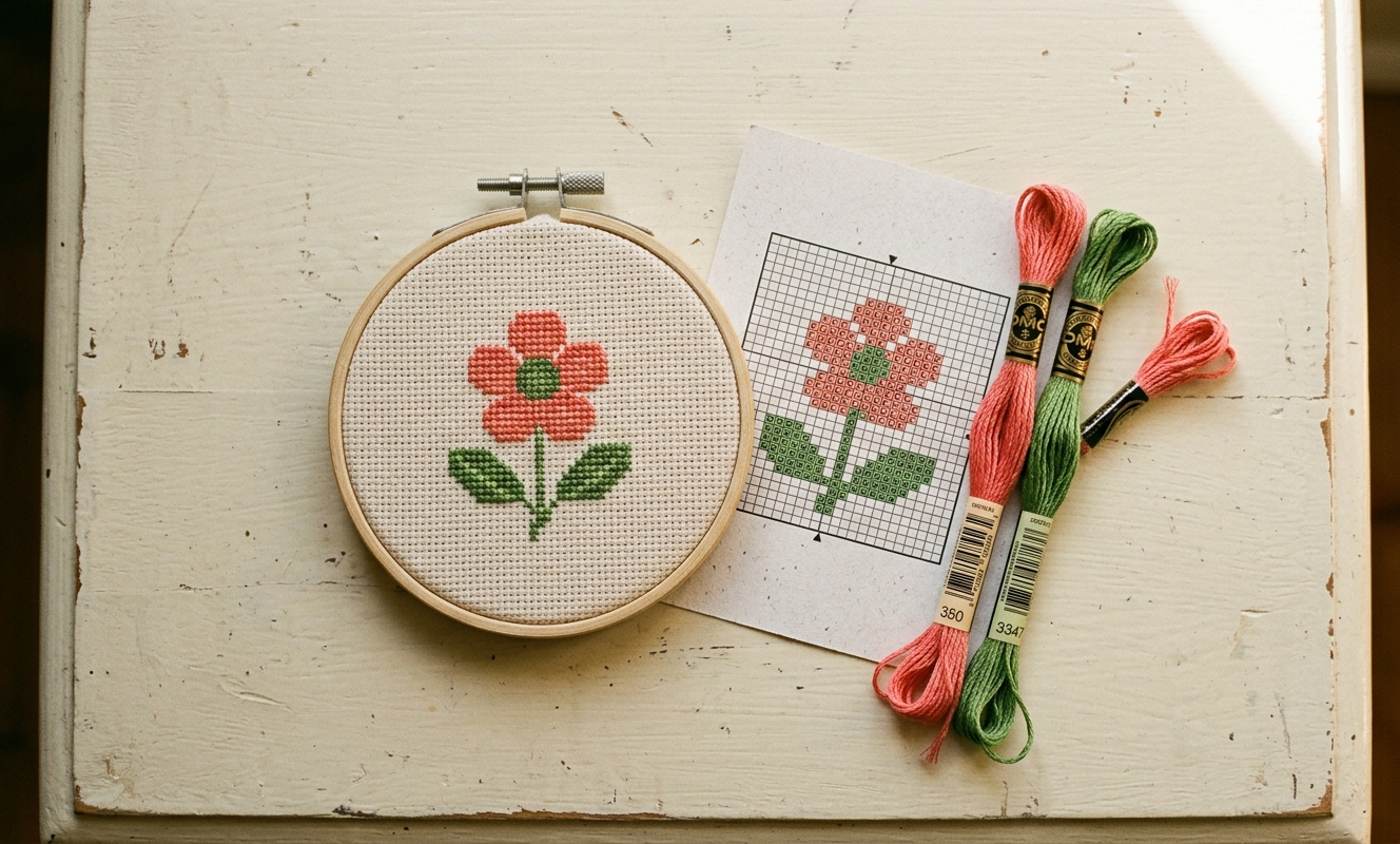 Small finished beginner cross stitch flower motif in a 4-inch hoop beside its pattern chart and DMC floss skeins
