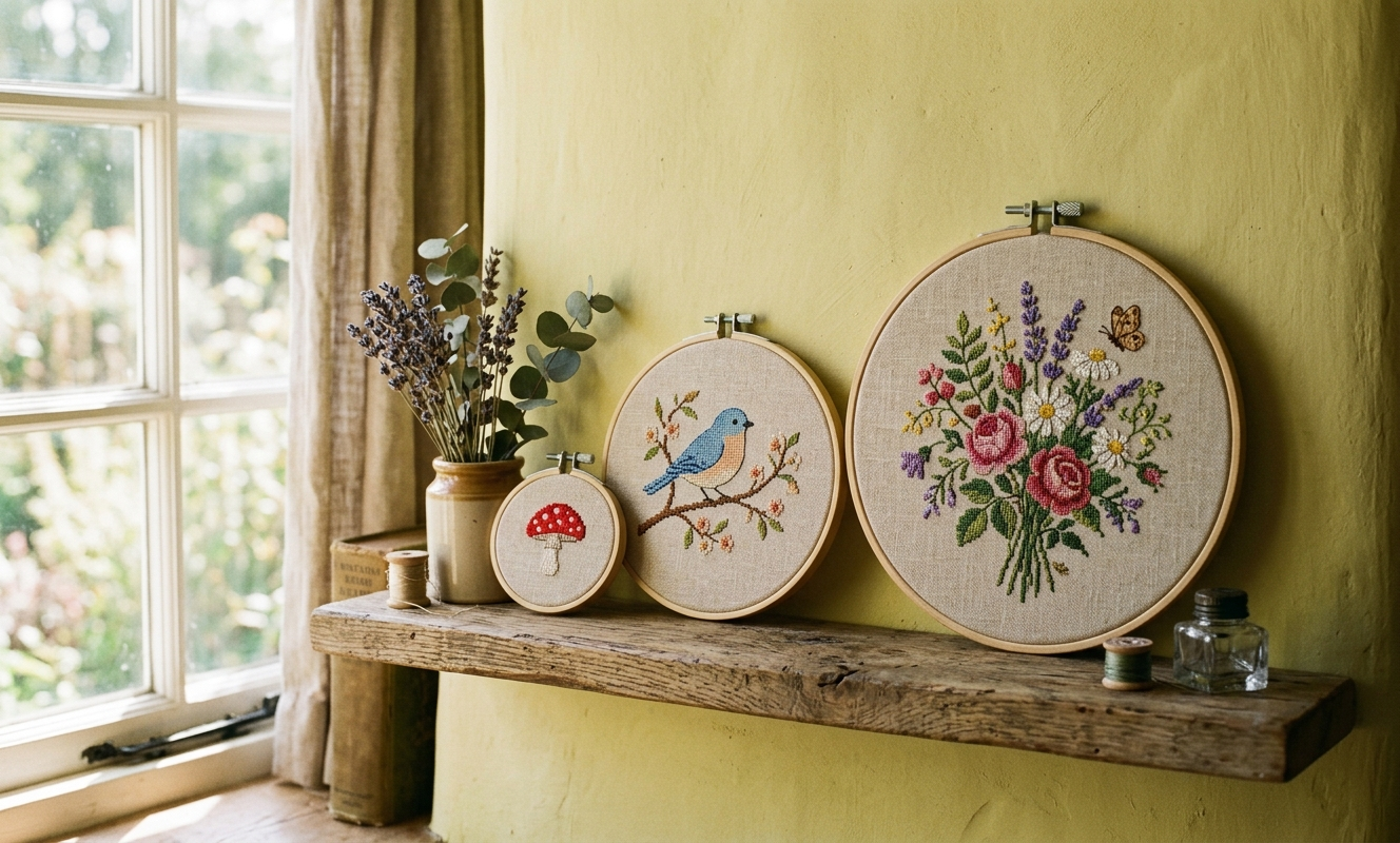 Three graduated completed cross stitch hoops on wooden shelf showing beginner stitcher progress from motif to small design