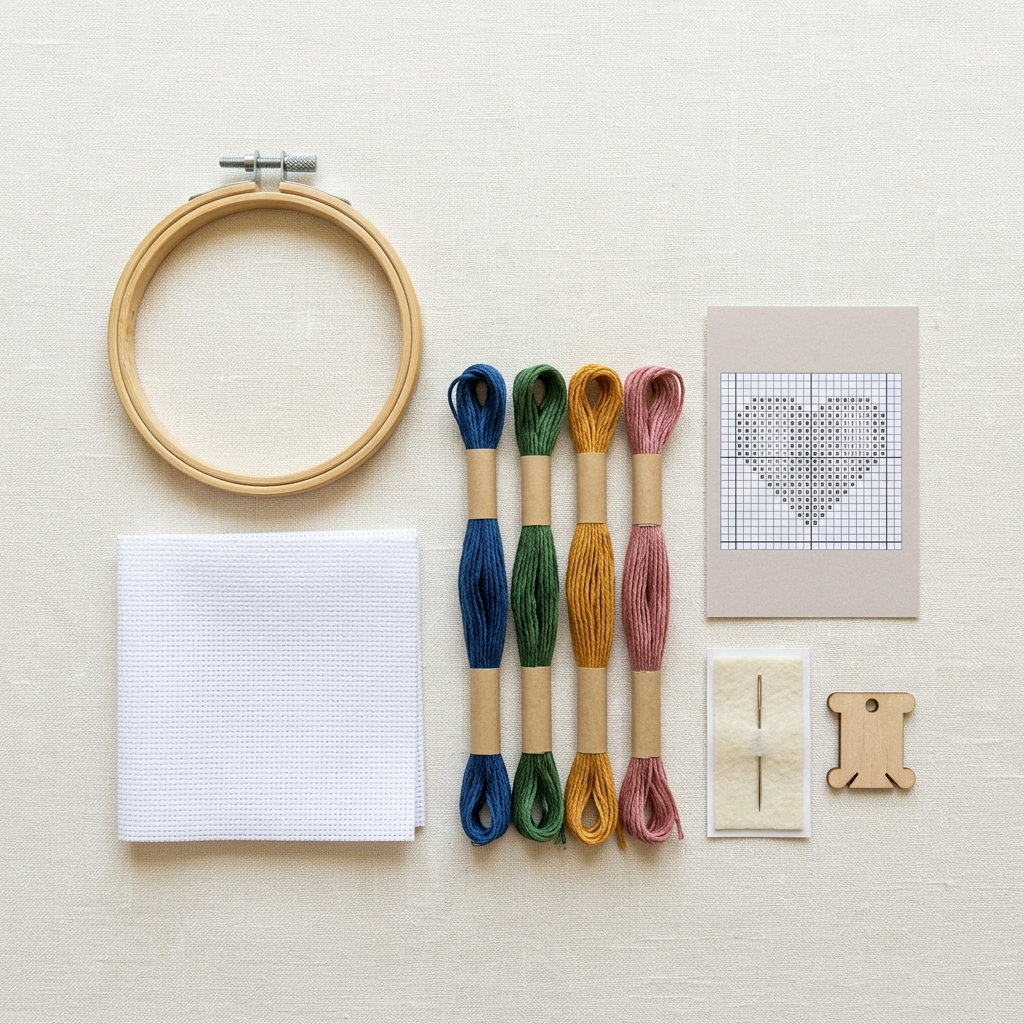 Complete beginner cross stitch kit with Aida cloth, floss skeins, embroidery hoop, needle, and pattern card on cream background