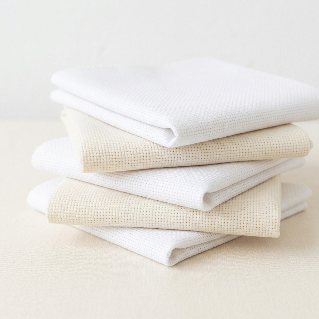 Folded white and cream 14-count Aida cloth pieces stacked neatly on clean cream surface for beginner cross stitch