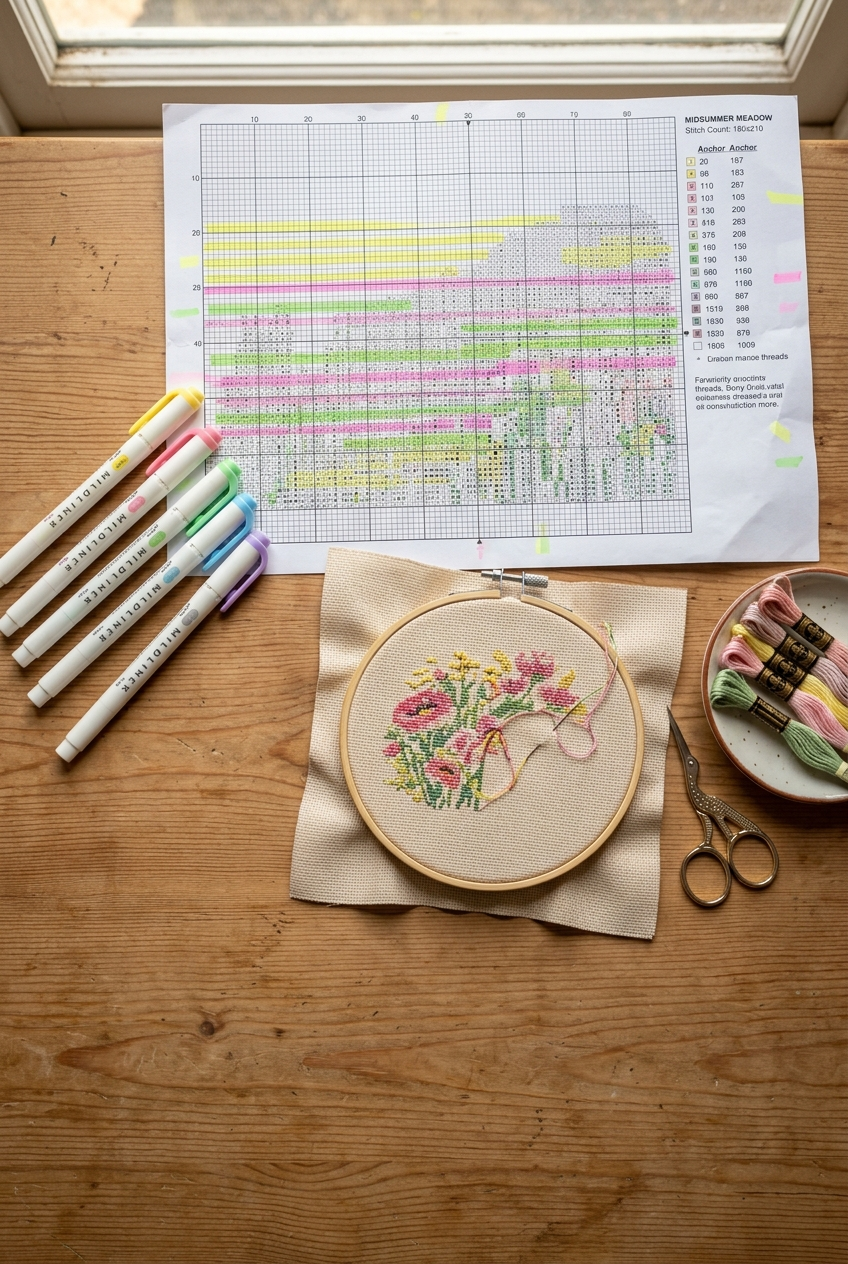 Overhead flat lay of cross stitch pattern with color-coded highlighted rows and highlighter pens on wooden table