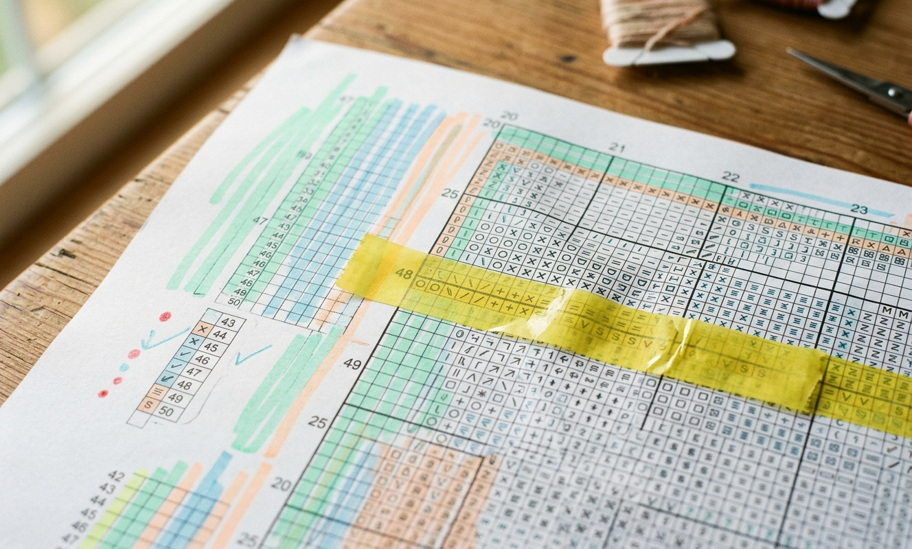 Close-up of cross stitch pattern page with Stabilo highlighter marks and repositionable tape strips tracking progress