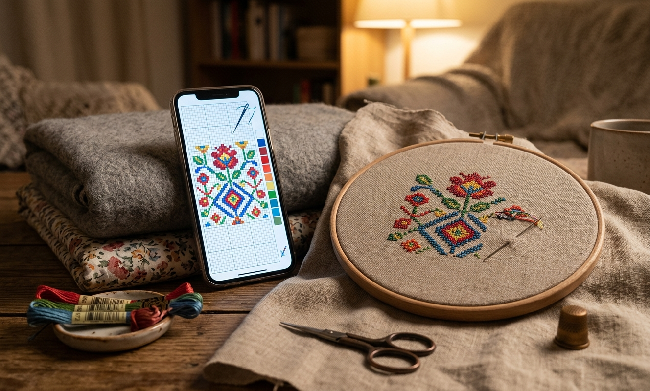 Smartphone showing digital cross stitch tracking app beside a hoop with stitching in progress on linen fabric