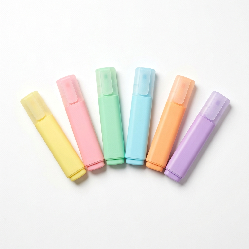 Set of vibrant pastel highlighter pens fanned out on white background for cross stitch pattern marking