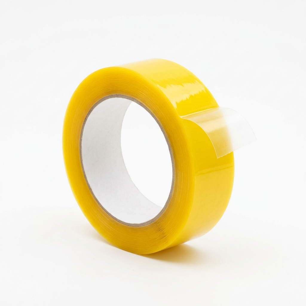 Roll of transparent yellow repositionable highlighter tape with corner peeled back on white background