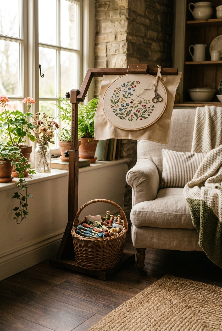 Ergonomic cross stitch floor stand holding a work in progress beside a cozy armchair by a window