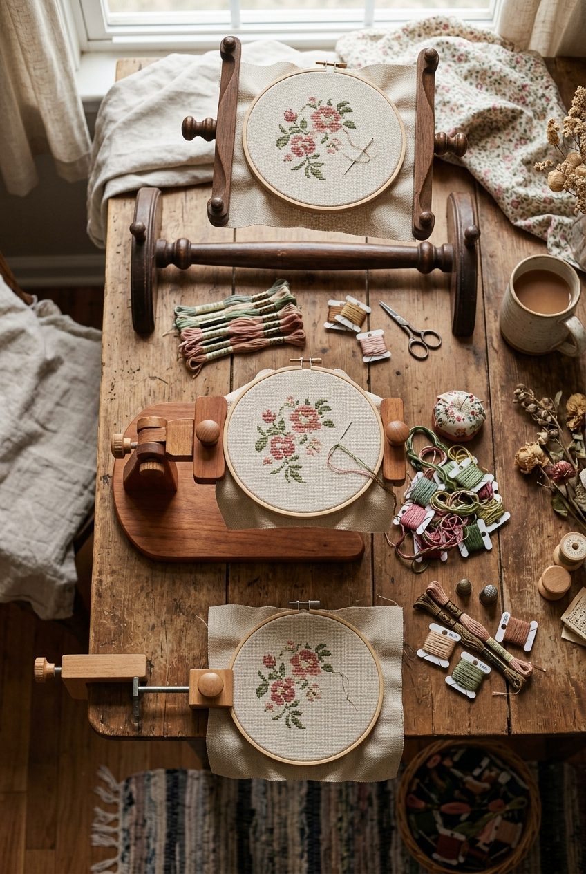 Floor stand, lap stand, and table clamp cross stitch setups displayed together in a warm craft room