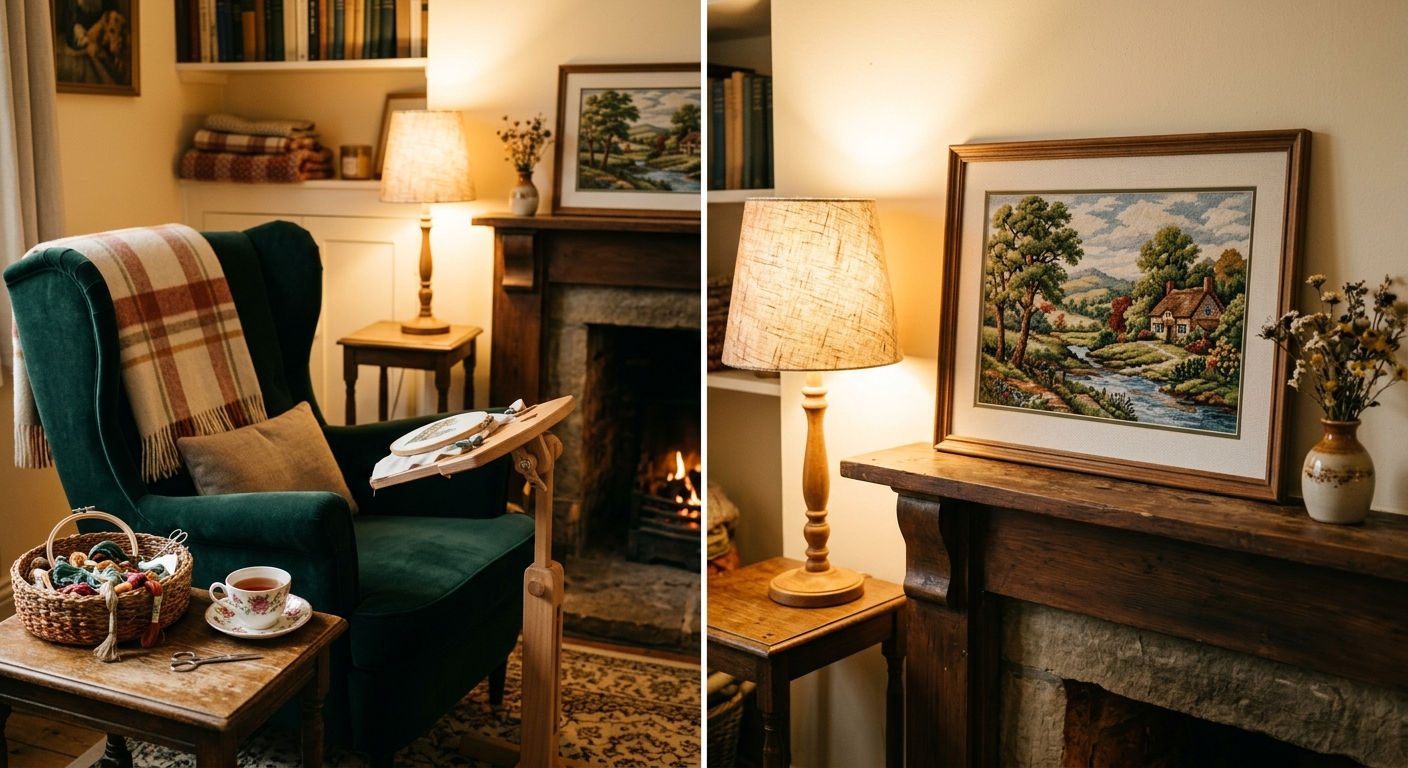 Finished framed cross stitch wall art beside a cozy chair and ergonomic stand in warm lamplight
