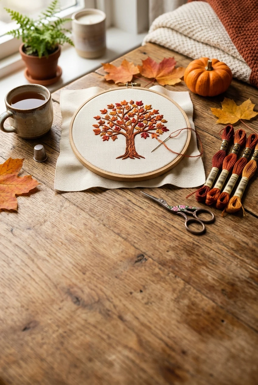 Fall cross stitch pattern of autumn maple on cream Aida in hoop with pumpkin and leaves