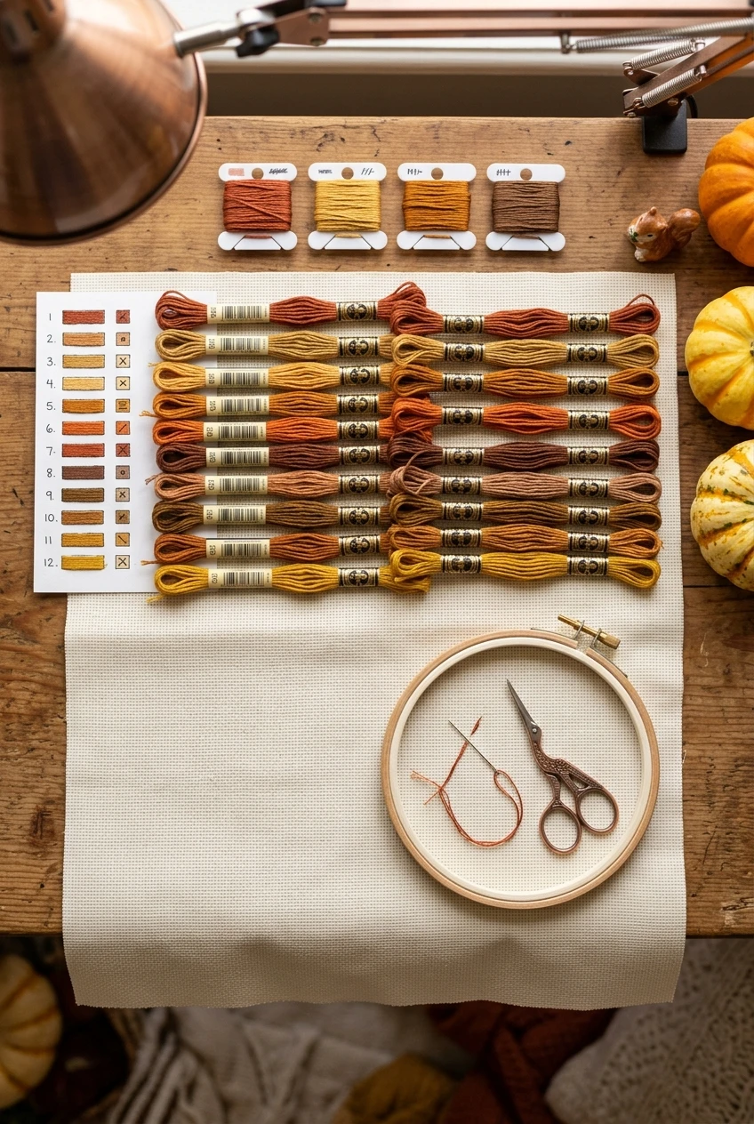 Close autumn DMC floss shades sorted on cream Aida with chart key under daylight lamp