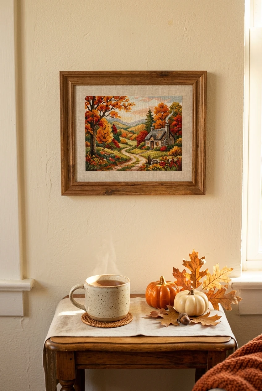 Finished autumn landscape cross stitch framed in wood hanging above cozy fall side table