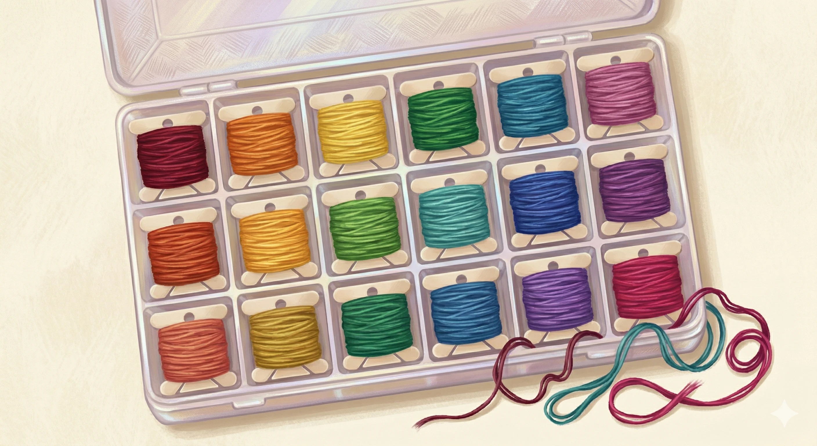 Embroidery floss bobbin organizer storage case with labeled bobbins for cross stitch thread