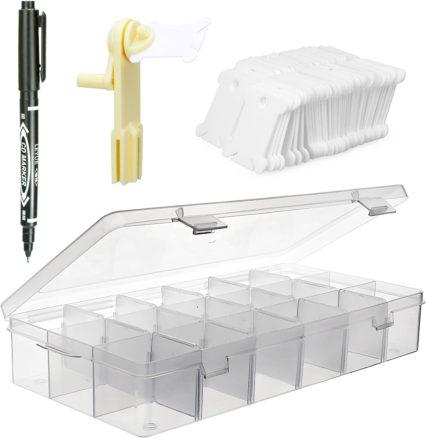 Clear plastic storage container for organizing embroidery floss bobbins and supplies