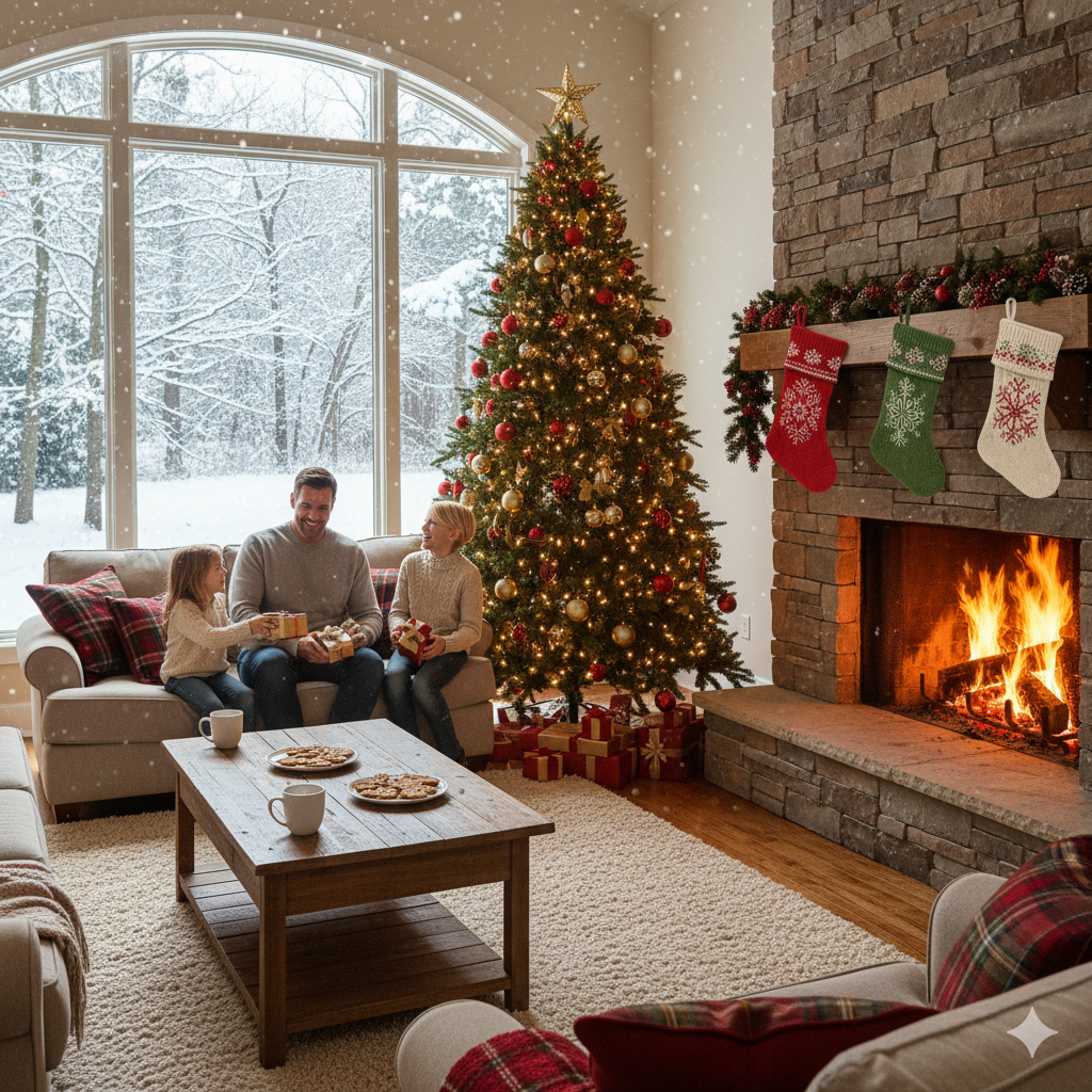 Beautifully crafted Christmas cross stitch stockings hanging on a mantle, ready for the holidays.