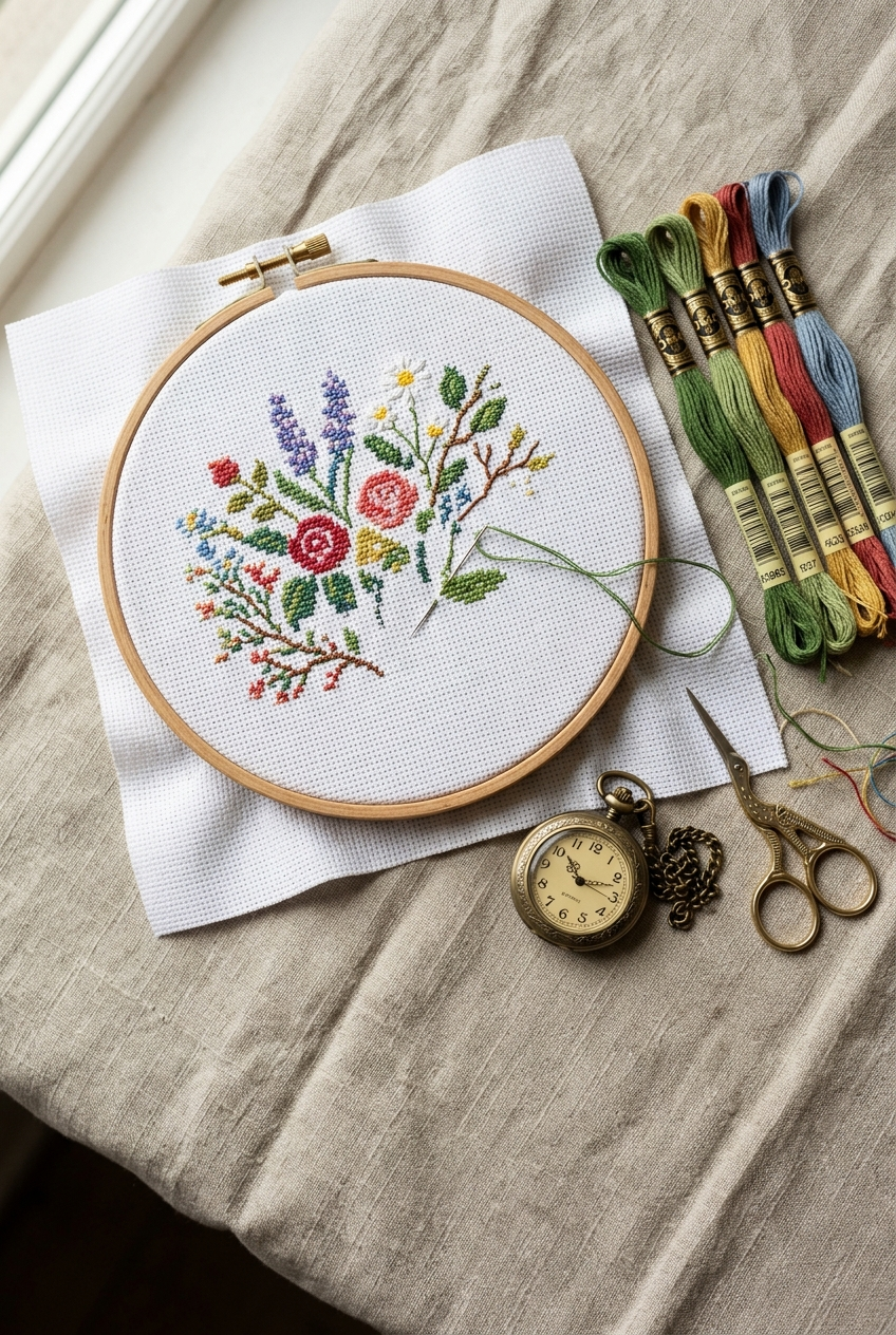 In-progress cross stitch in a wooden hoop with floss and a clock nearby