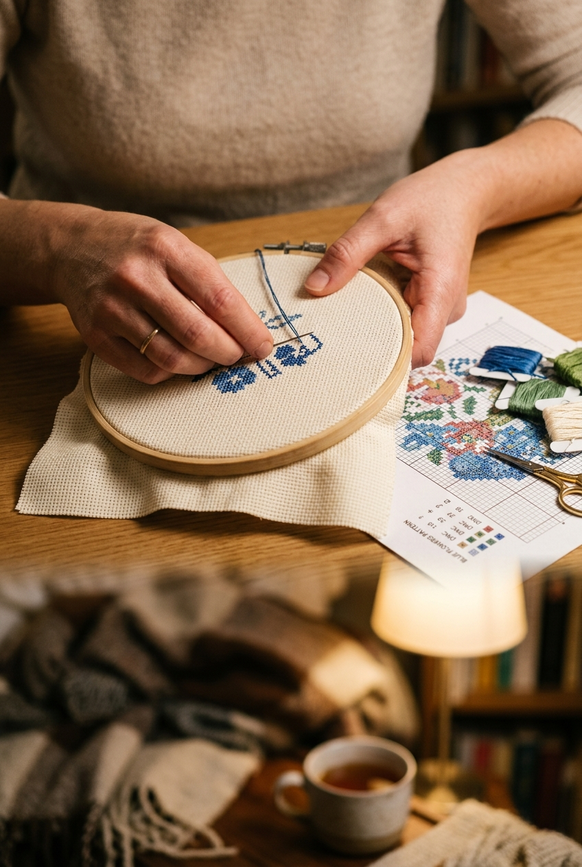 Hands stitching counted cross stitch on Aida cloth with a pattern chart nearby