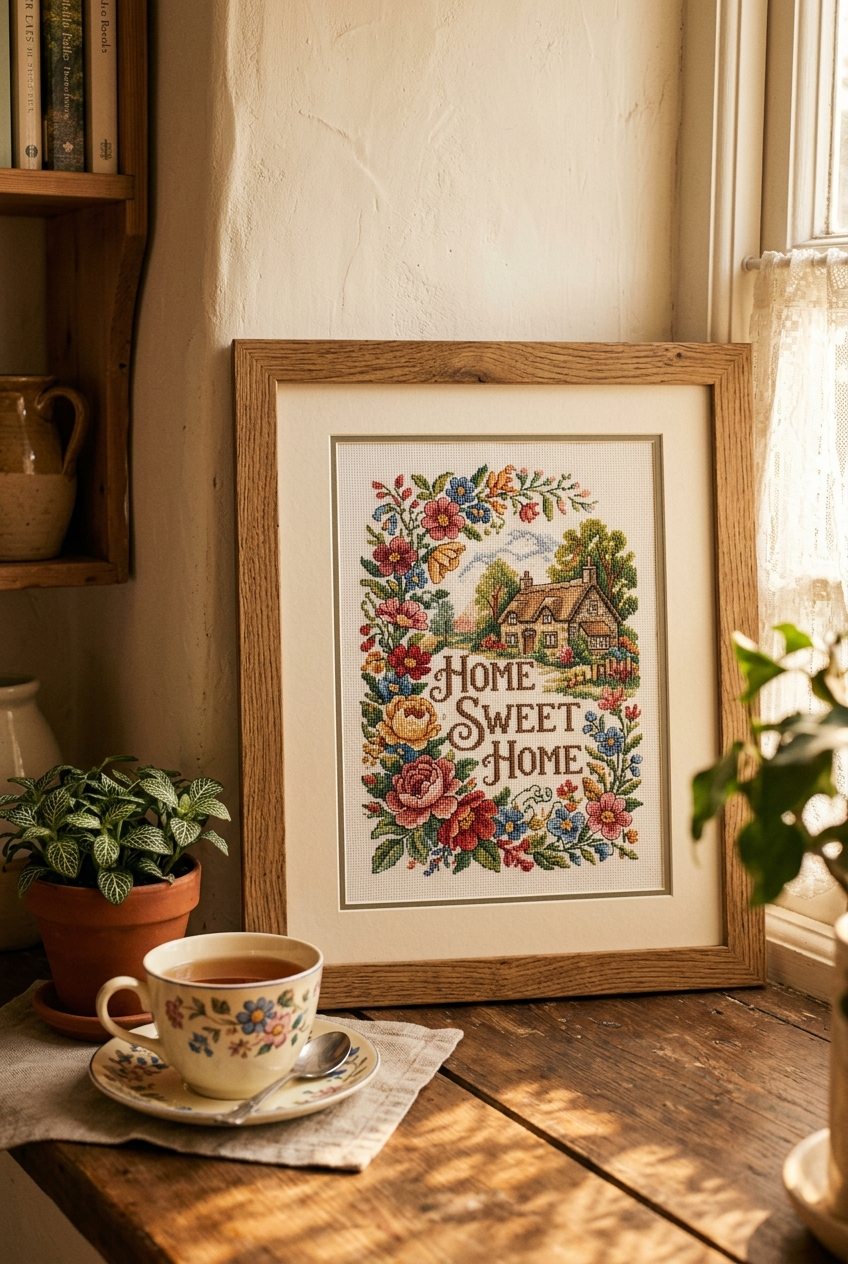 Framed finished cross stitch wall art displayed in a cozy sunlit room