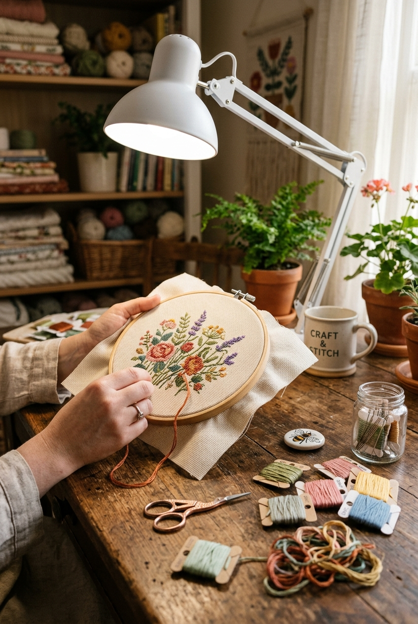 Daylight LED craft lamp lighting a cross stitch project on a cozy desk