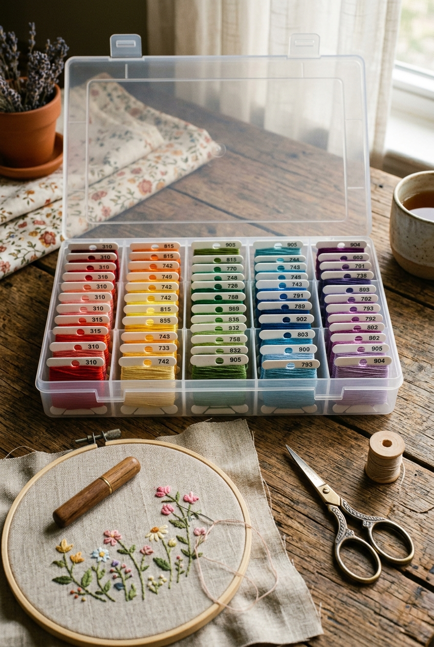 Organized DMC floss bobbins in an organizer box beside cross stitch supplies