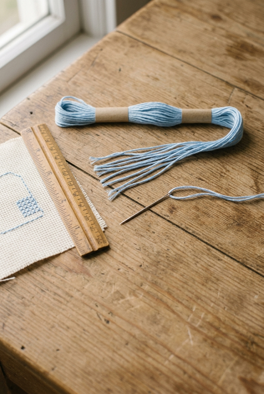 DMC embroidery floss skein with separated strands, threaded needle, ruler, and 14-count Aida cloth on wooden table