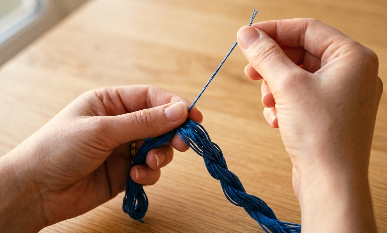 Close-up of hands separating one strand of embroidery floss from a six-strand bundle showing the correct technique
