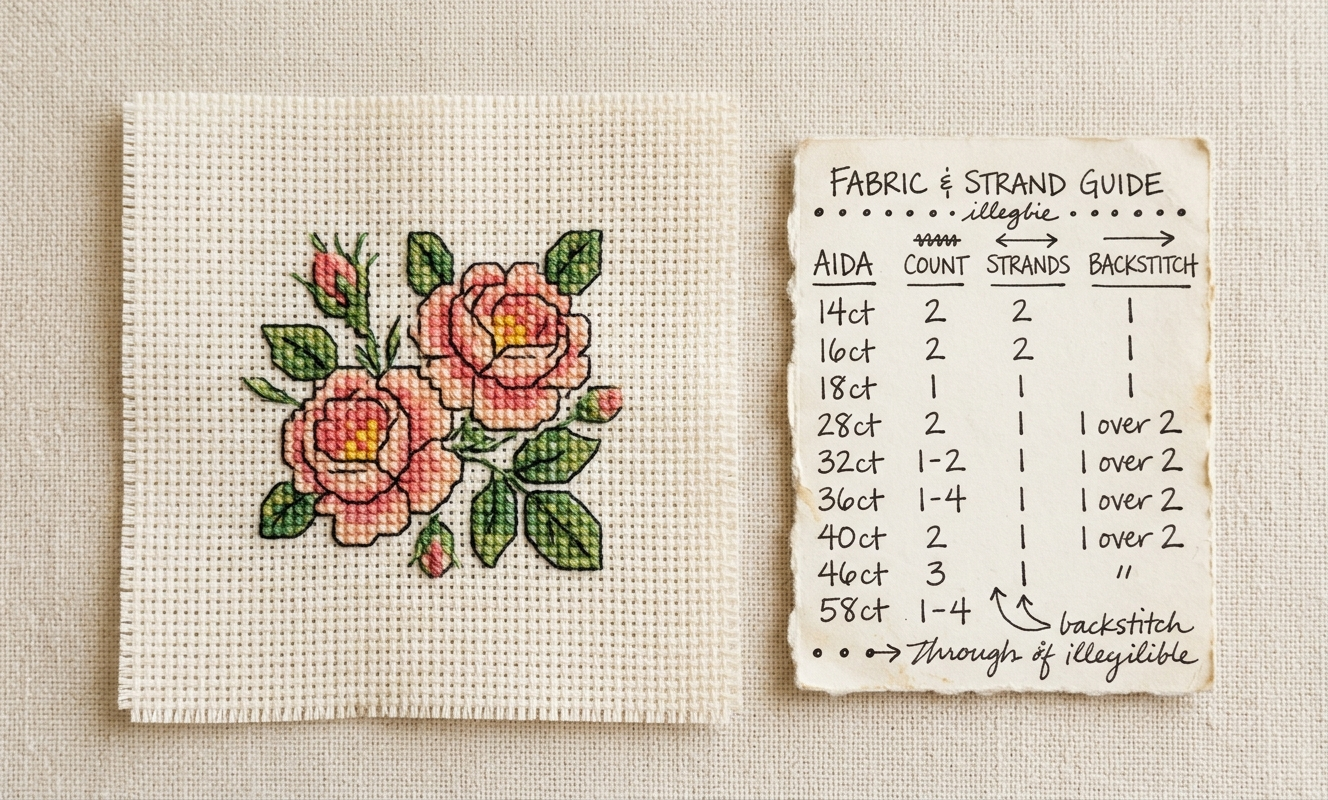Finished cross stitch sampler showing two-strand stitches with fine one-strand backstitch outline beside a fabric count reference card