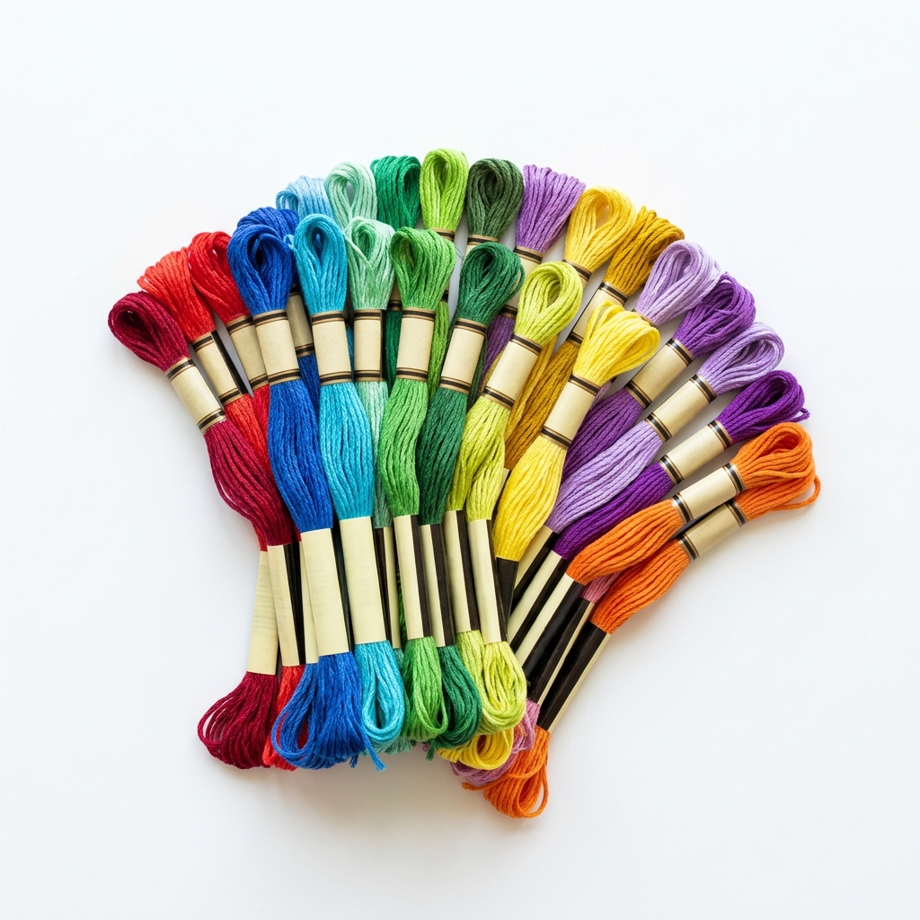 Assorted colorful embroidery floss skeins arranged in a fan on white background showing range of colors