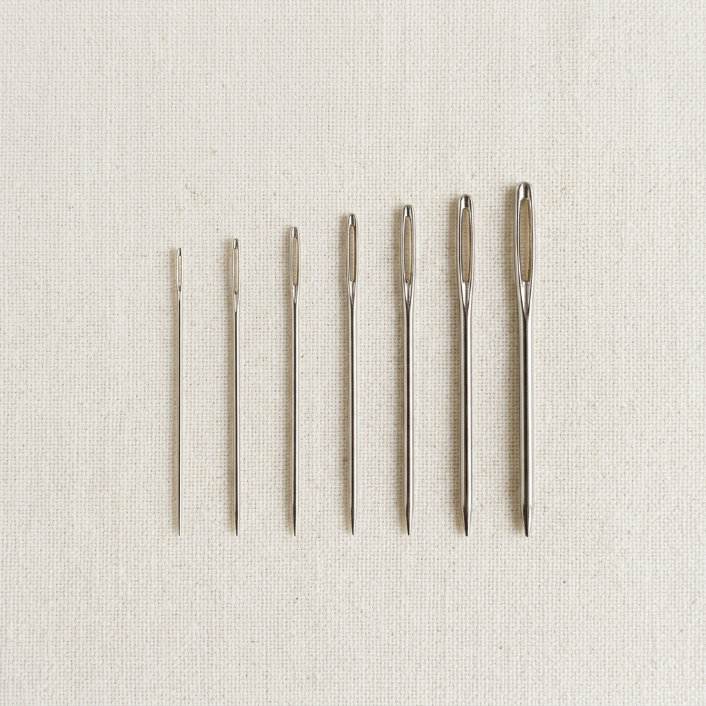 Graduated set of embroidery and tapestry needles in assorted sizes arranged in a row on cream background