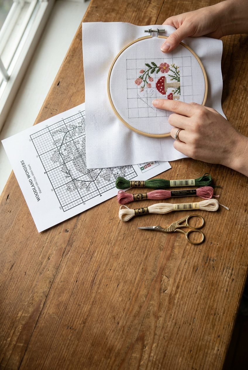 Hands counting cross stitch stitches on gridded 18-count Aida in a wooden hoop beside a chart