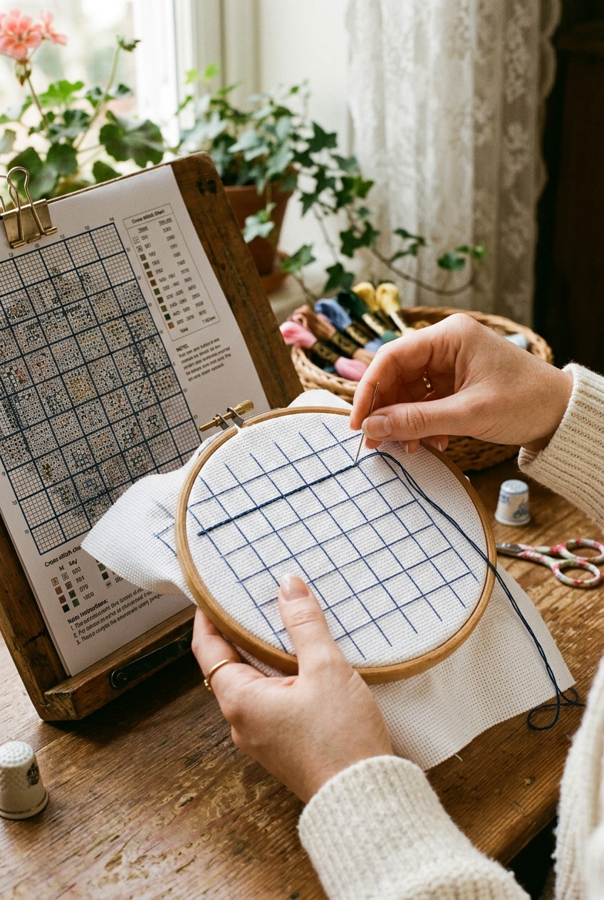 Stitcher gridding white Aida fabric into 10x10 blocks with contrasting thread beside a cross stitch chart