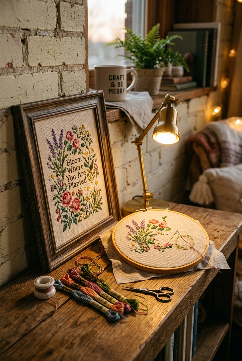 Finished framed cross stitch wall art beside a work in progress hoop in a cozy lit room