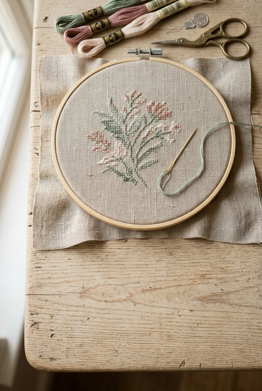 Cross stitch on linen in a wooden hoop showing stitches worked over two fabric threads