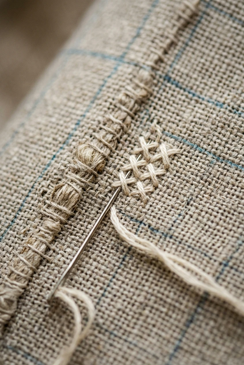 Macro view of linen weave with a slub, gridding lines and stitches worked over two threads