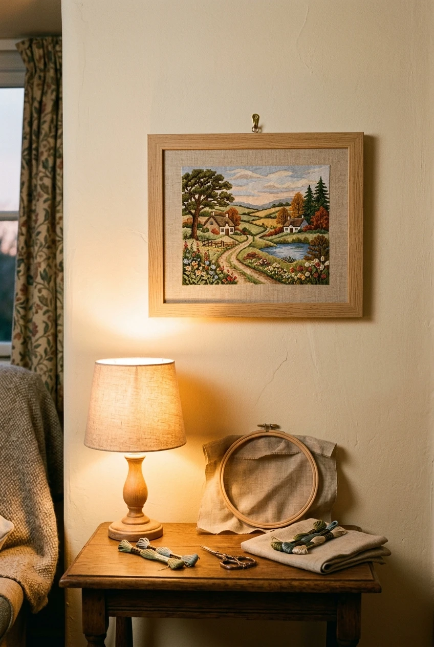 Framed cross stitch landscape stitched on linen hanging on a warm cottage wall