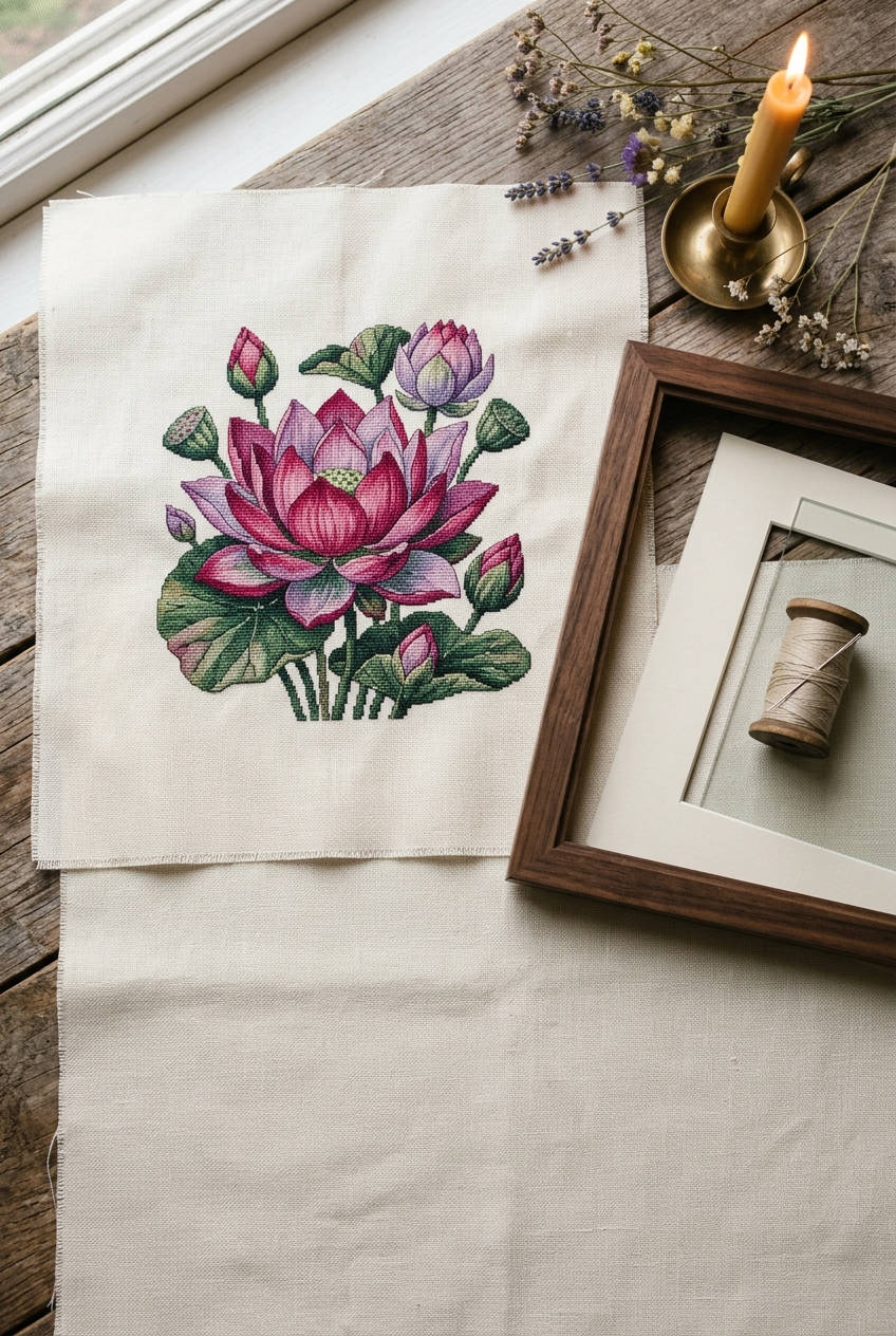 Finished lotus cross stitch pattern with framing supplies on rustic wood surface in warm light