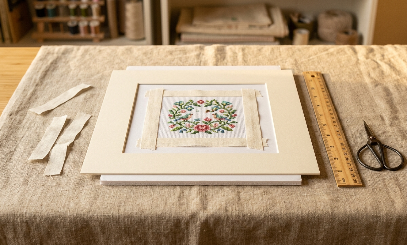 Cross stitch needlework being mounted onto foam core with acid-free mat board and linen tape
