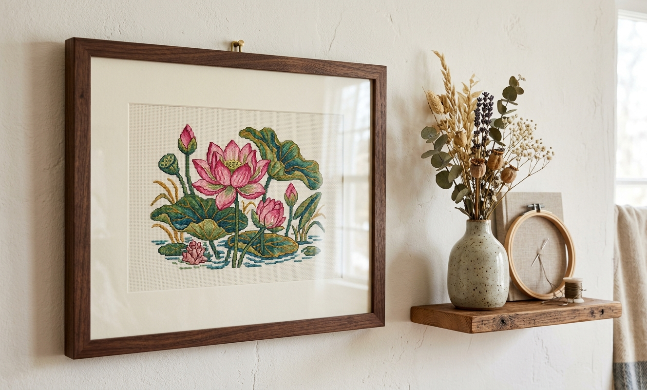 Framed botanical lotus cross stitch hanging on white wall beside dried flowers in warm room