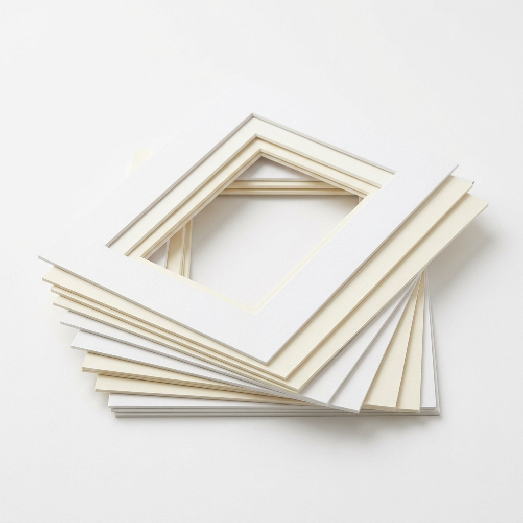Pre-cut acid-free cream mat boards stacked for needlework framing on white background