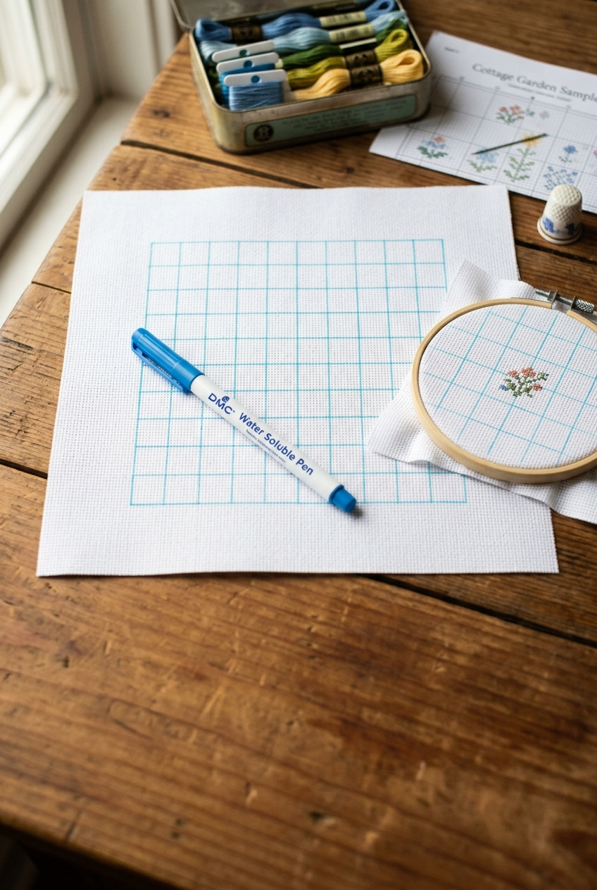 Gridded white Aida cloth with water-soluble marker and embroidery hoop on crafting table