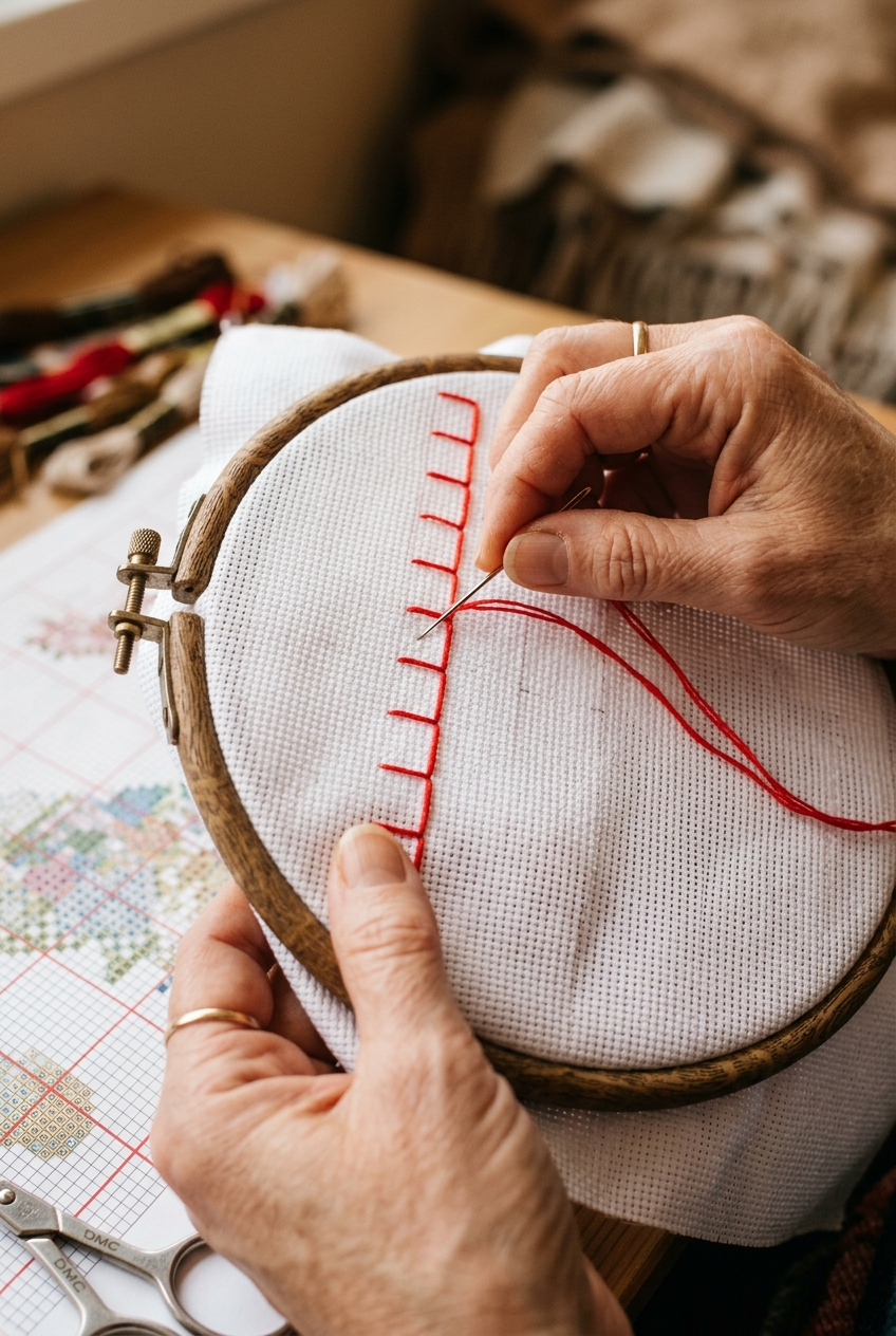 Hands weaving guideline thread through Aida cloth for cross stitch gridding technique