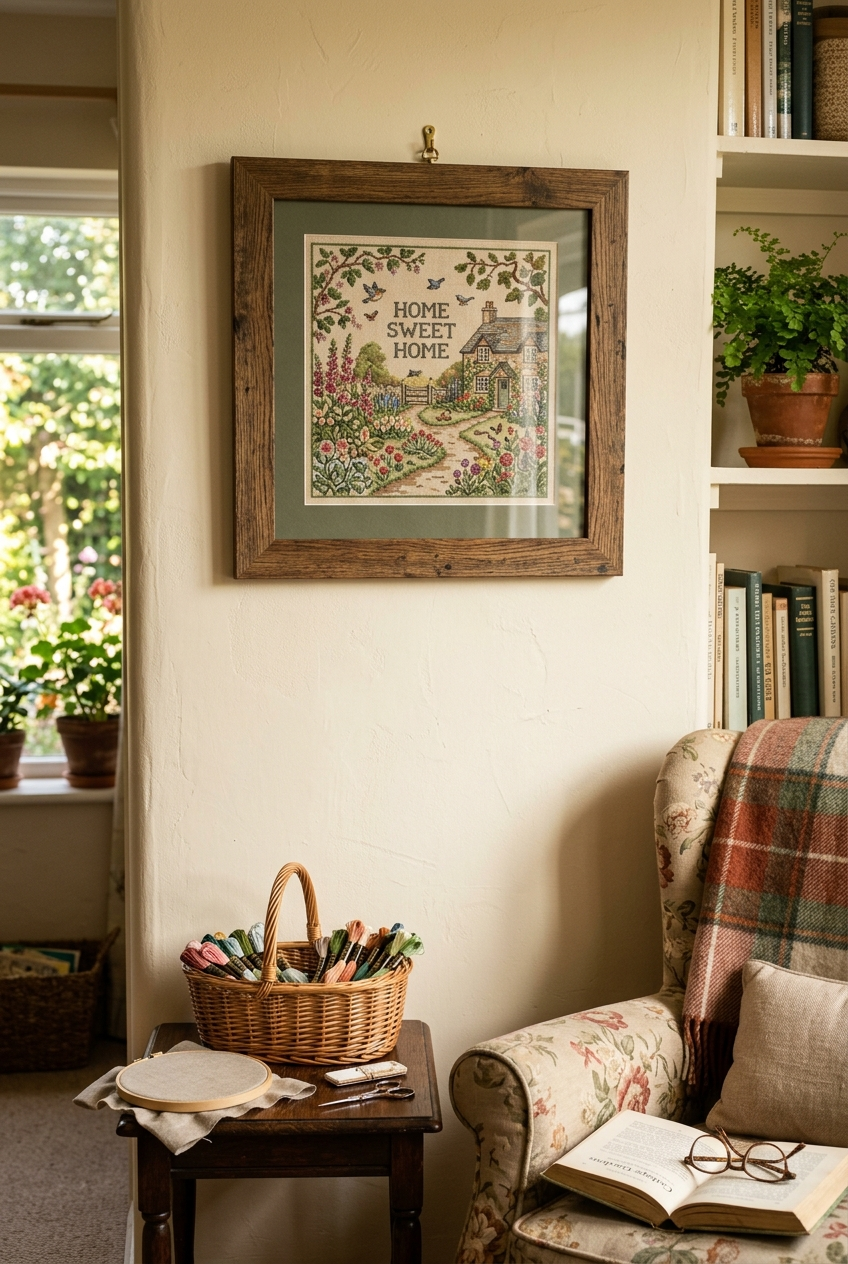 Framed finished cross stitch artwork on wall with cozy crafting supplies nearby
