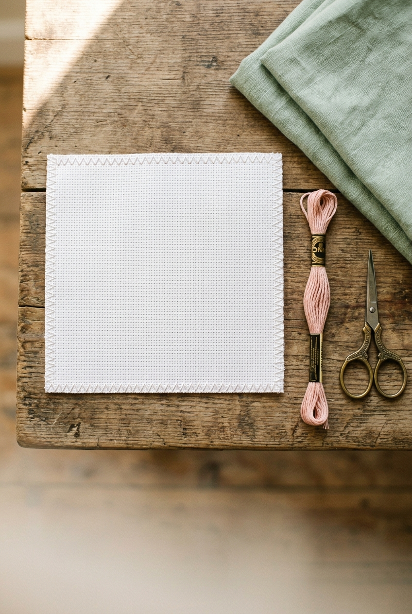 Pressed Aida cloth with zigzag edges on wooden surface ready for cross stitch