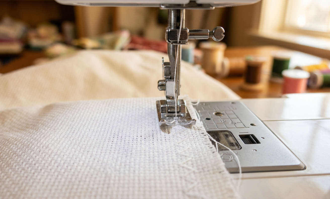 Close-up of sewing machine zigzag stitching along edge of cross stitch Aida fabric