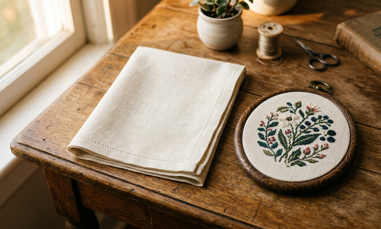 Prepared linen evenweave fabric beside a framed botanical cross stitch on warm wooden surface
