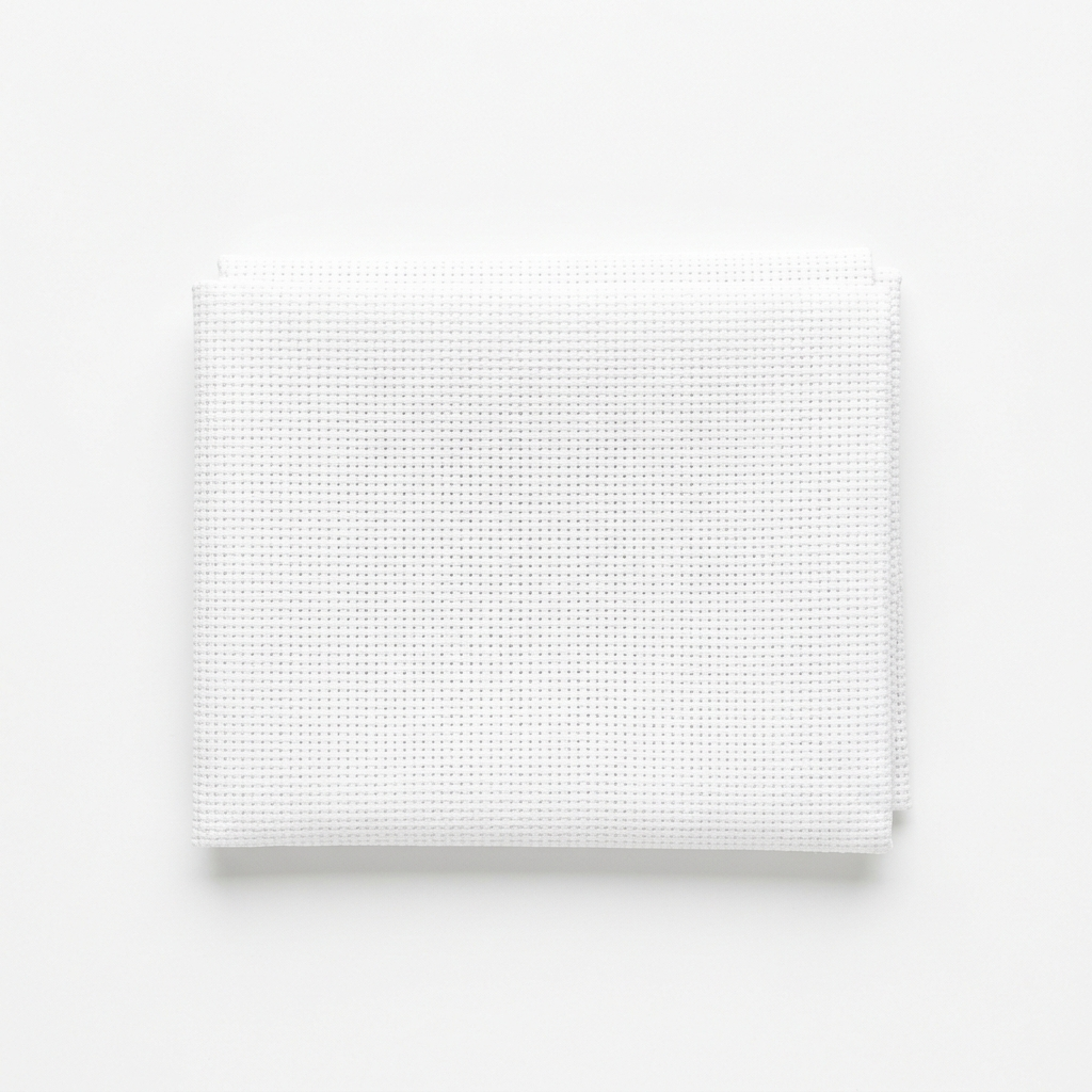 Folded white Aida cloth cross stitch fabric showing grid weave texture on white background